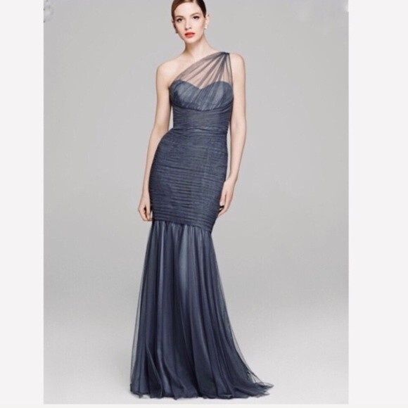 Amsale One-Shoulder Draped Tulle Mermaid Gown 4 - Picture 1 of 15